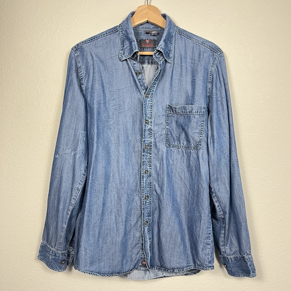 Vintage HAUPT Shirt Mens M Medium Wash Denim Chambray Casual Western Indigo